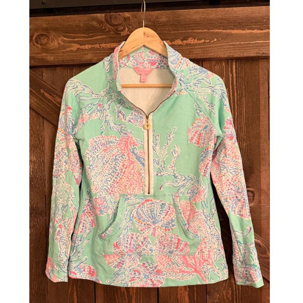 Lilly Pulitzer Skipper Popover Half Zip Fansea Coral Print Womens Small Green